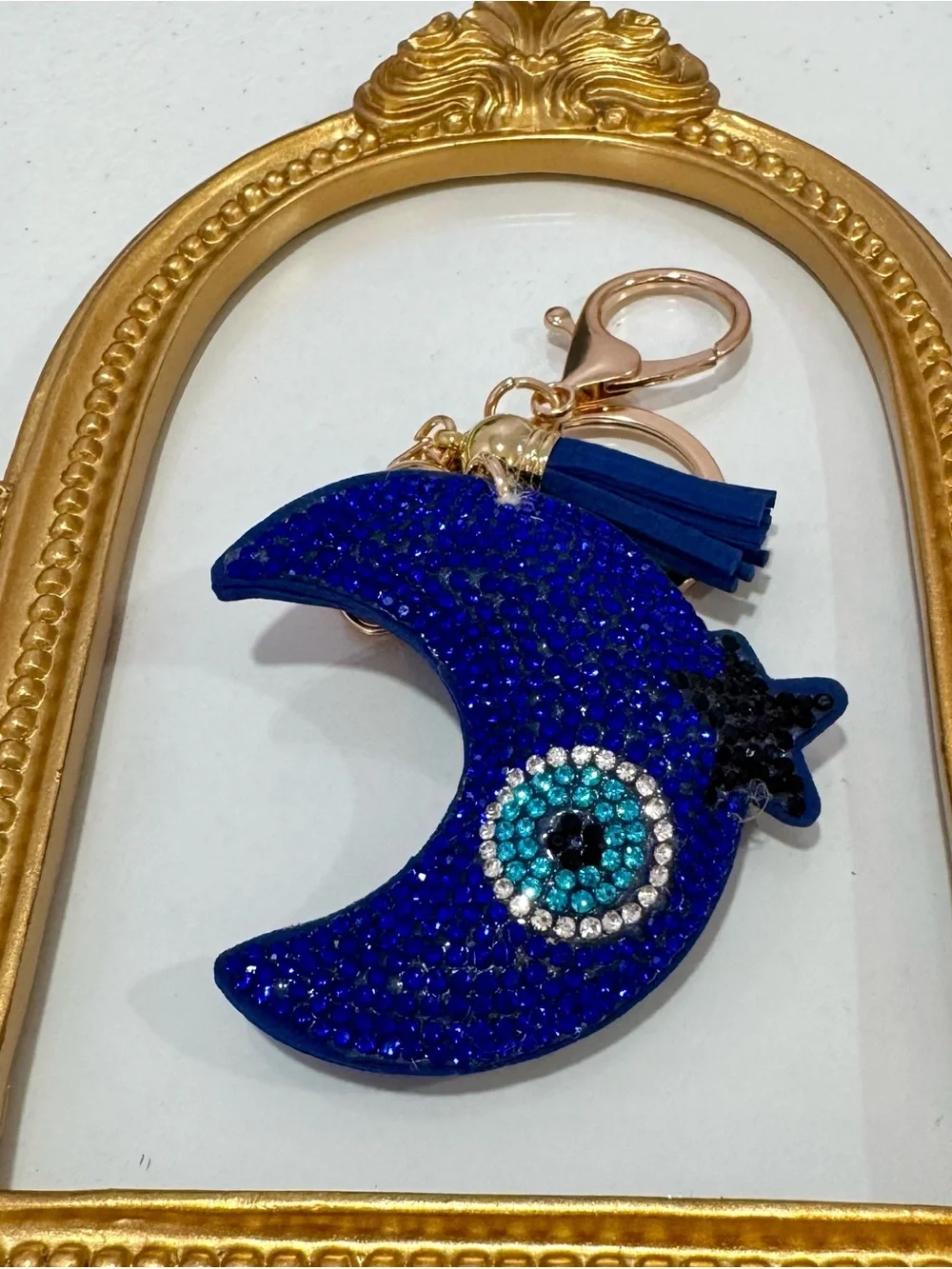 New Navy Crystal Crescent Moon Keychain with Tassel